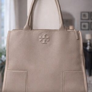 Tory Burch Ella Tote – Leather & Canvas | Very Good Condition